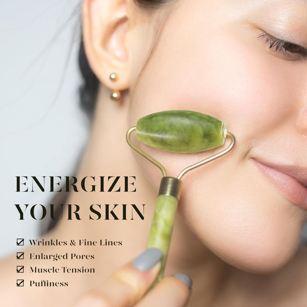 Jade Roller & Gua Sha, Natural Jade Face Roller Gua Sha Tool Facial Skin Care Supplies, Green