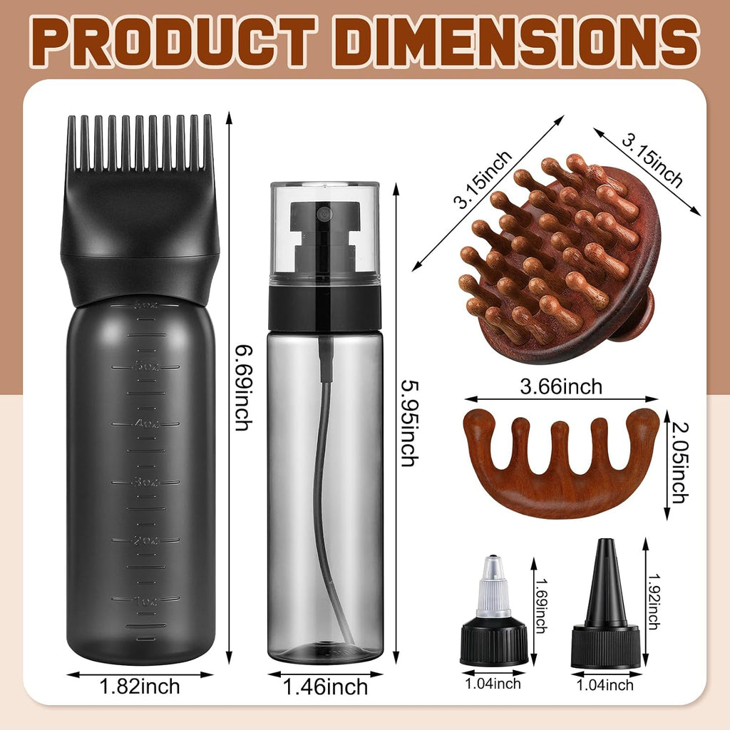 6 in 1 Set Wooden Head Scalp Massager Comb Tool Hair Gua Sha Comb with 6 OZ Hair Oil Applicator Bottle Spray Bottle for Relaxation