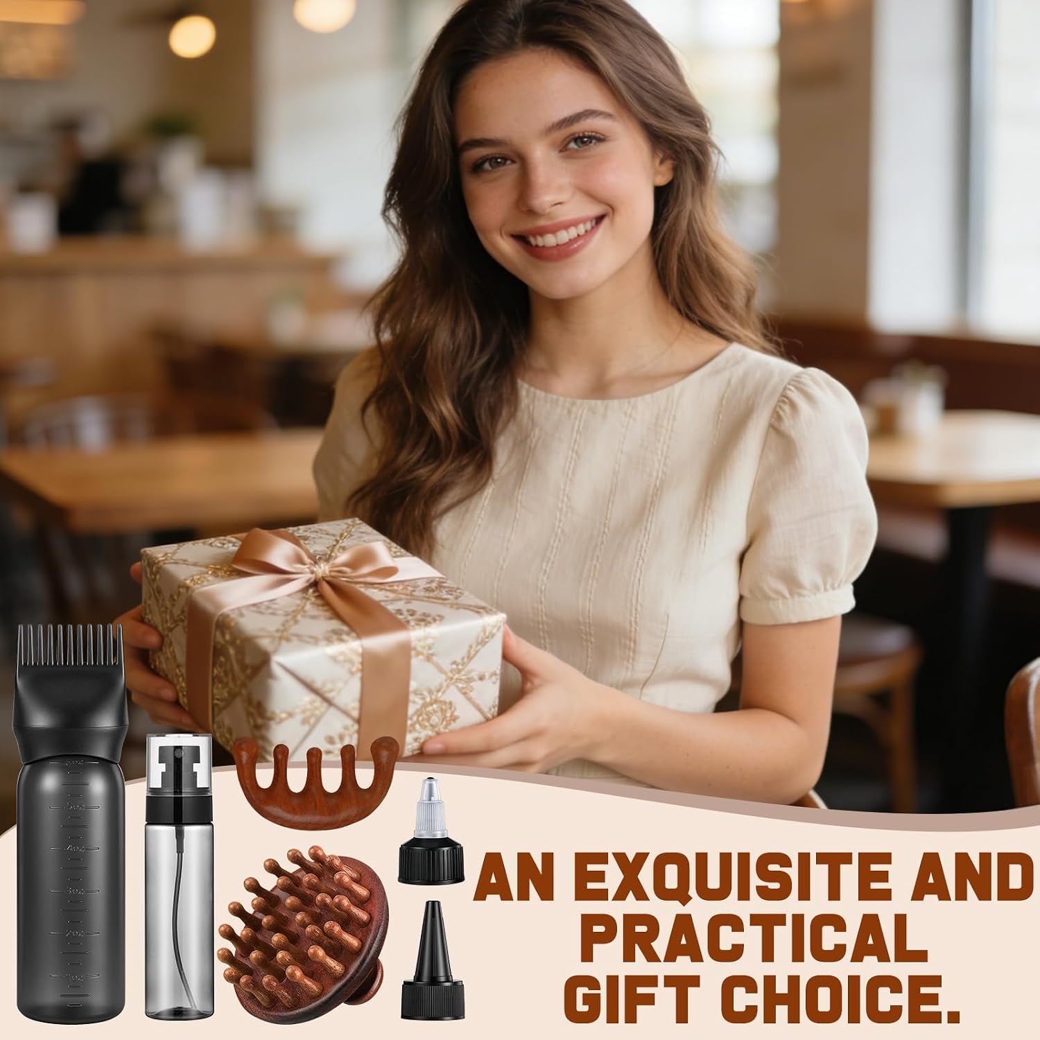 6 in 1 Set Wooden Head Scalp Massager Comb Tool Hair Gua Sha Comb with 6 OZ Hair Oil Applicator Bottle Spray Bottle for Relaxation