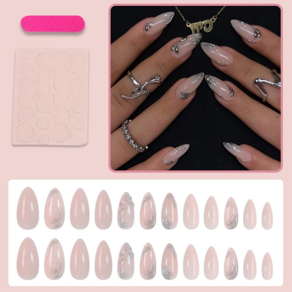 Almond Press on Nails Medium Fake Nails with 5D Metal Lines Charm Design Glossy Pink Nails Press on Curve Glue on Nails Reusable Luxury Silver Beads Acrylic Nail for Women 24Pcs