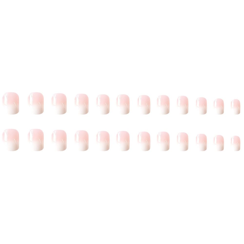 Press on Nails Short Fake Nails Square False Nails with White Ombre Press Ons Designs Acrylic Nails Press on Artificial Nails Stick on Nails for Women Girls 24Pcs