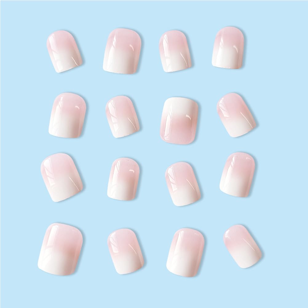 Press on Nails Short Fake Nails Square False Nails with White Ombre Press Ons Designs Acrylic Nails Press on Artificial Nails Stick on Nails for Women Girls 24Pcs