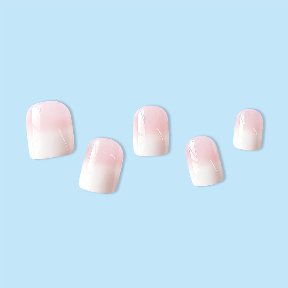 Press on Nails Short Fake Nails Square False Nails with White Ombre Press Ons Designs Acrylic Nails Press on Artificial Nails Stick on Nails for Women Girls 24Pcs