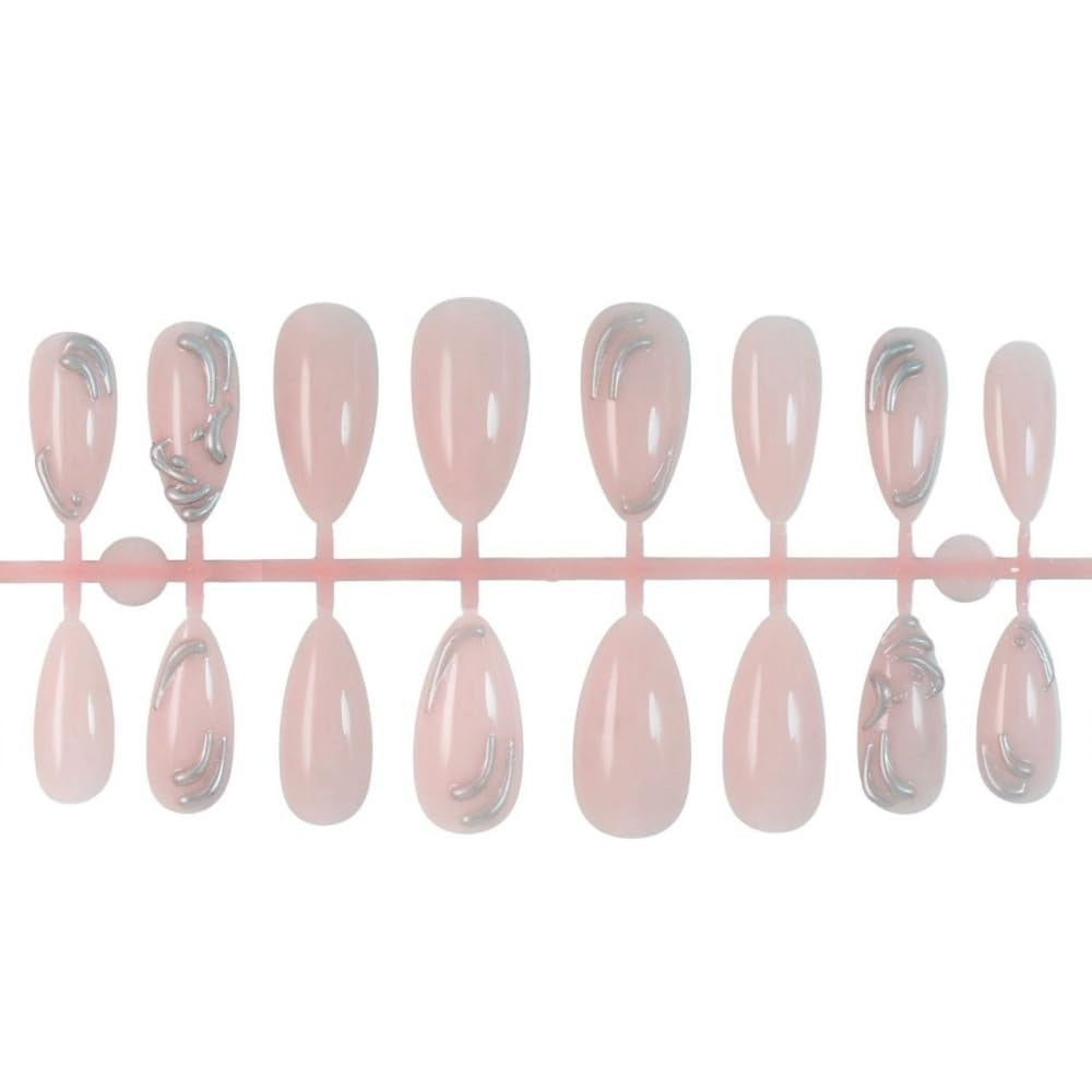 Almond Press on Nails Medium Fake Nails with 5D Metal Lines Charm Design Glossy Pink Nails Press on Curve Glue on Nails Reusable Luxury Silver Beads Acrylic Nail for Women 24Pcs