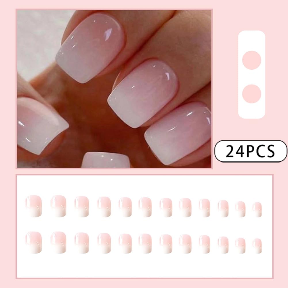 Press on Nails Short Fake Nails Square False Nails with White Ombre Press Ons Designs Acrylic Nails Press on Artificial Nails Stick on Nails for Women Girls 24Pcs