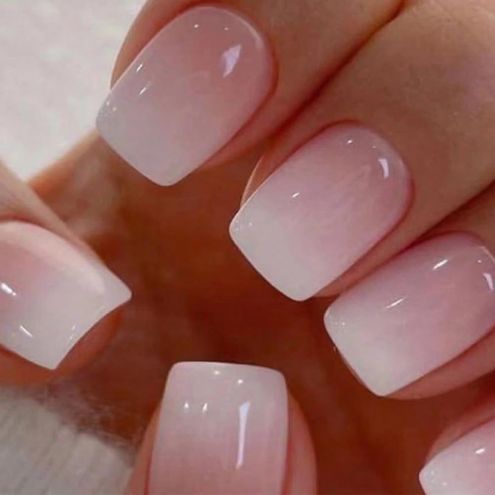 Press on Nails Short Fake Nails Square False Nails with White Ombre Press Ons Designs Acrylic Nails Press on Artificial Nails Stick on Nails for Women Girls 24Pcs