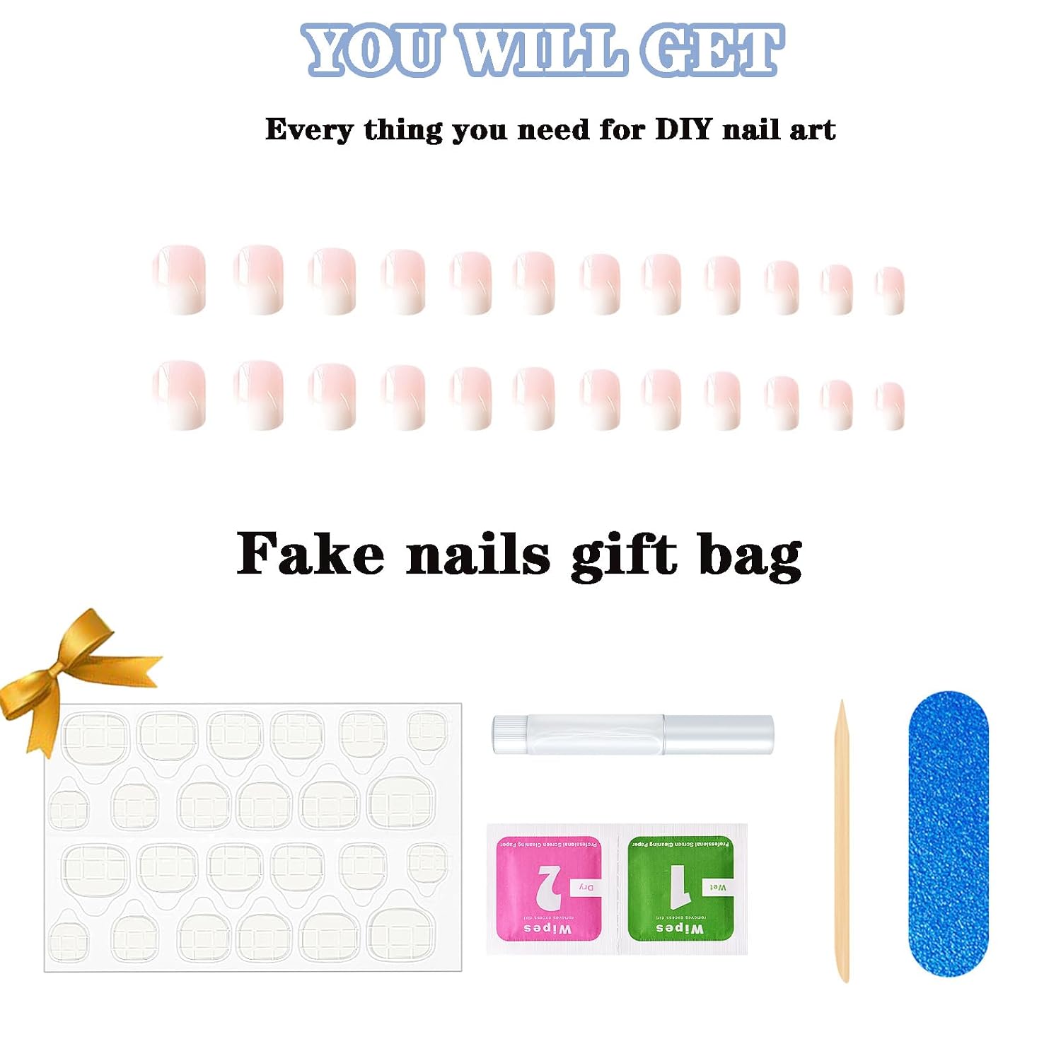 Press on Nails Short Fake Nails Square False Nails with White Ombre Press Ons Designs Acrylic Nails Press on Artificial Nails Stick on Nails for Women Girls 24Pcs