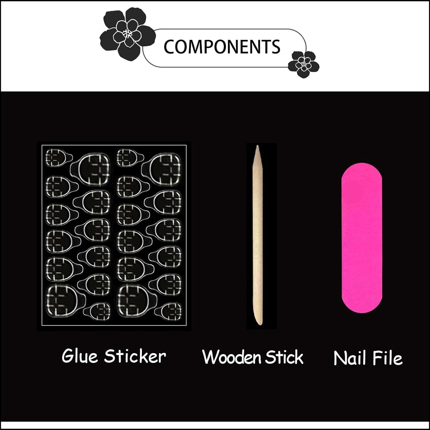 Press on Nails Medium - Almond Fake Nails with Flower Design - Gold Glitter Full Cover Stick on False Nails - for Women 24 Pcs
