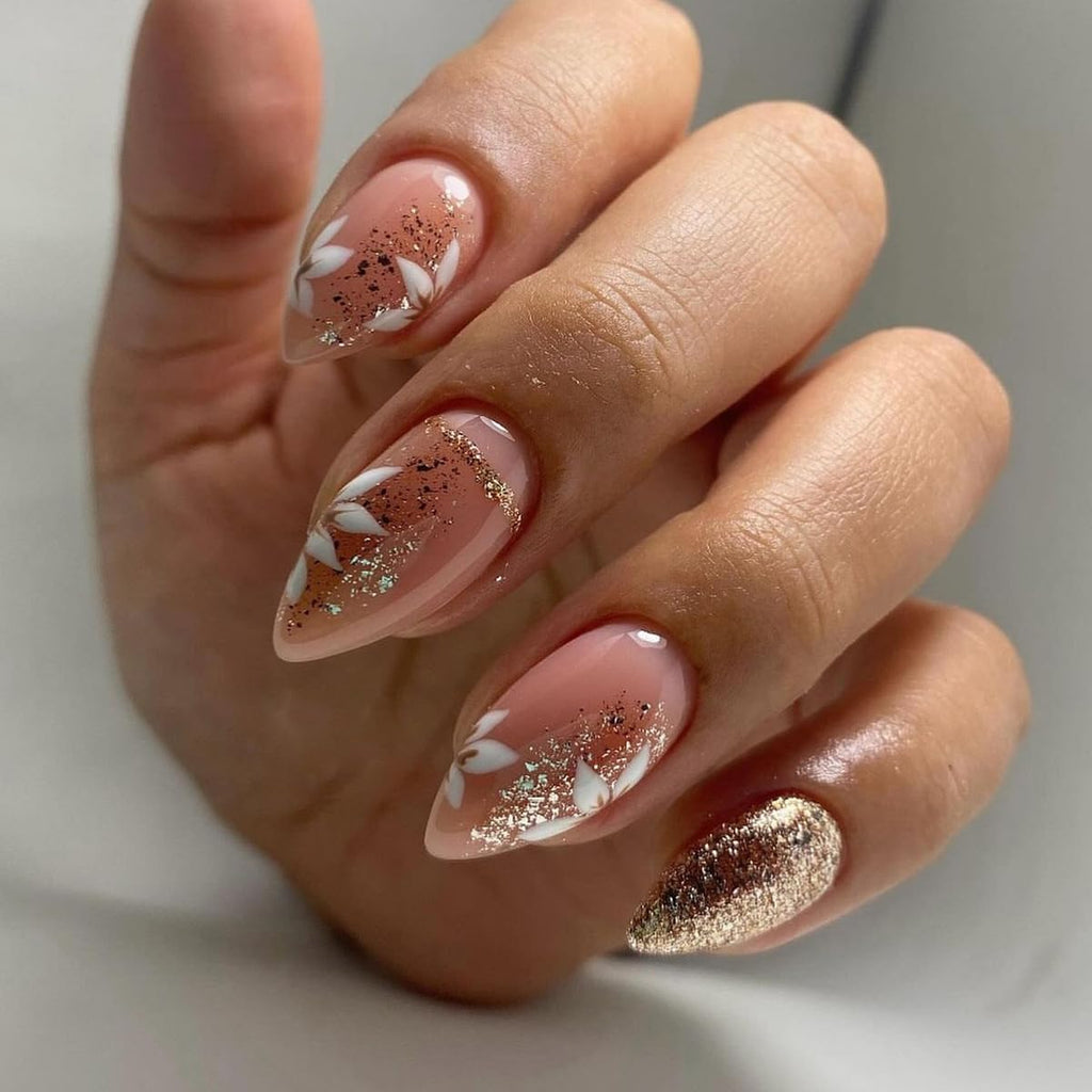 Press on Nails Medium - Almond Fake Nails with Flower Design - Gold Glitter Full Cover Stick on False Nails - for Women 24 Pcs