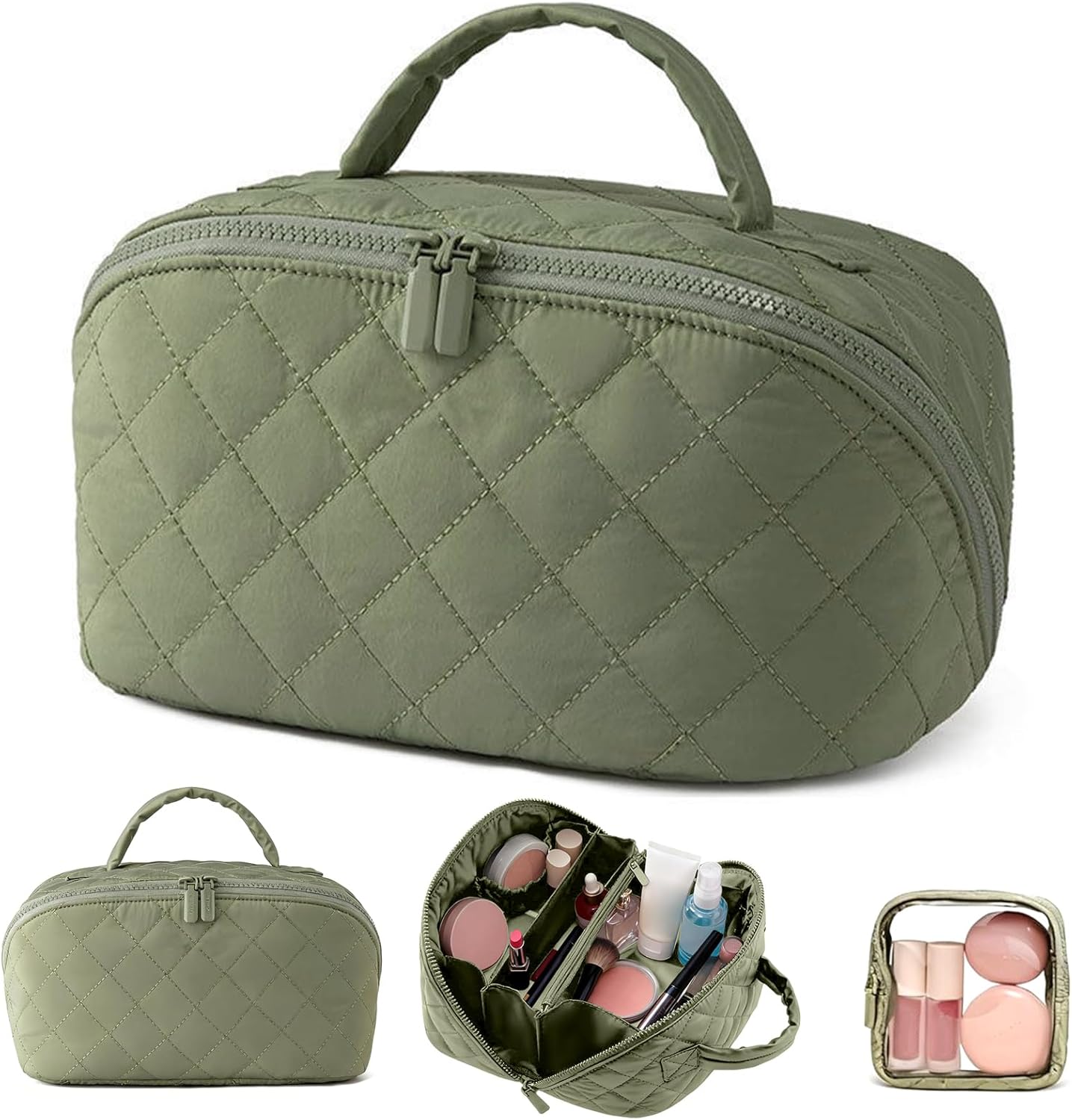 Makeup Bag, Quilted Makeup Bag, Cosmetic Organizer Bag, Travel Makeup Bag, Waterproof Pouch Toiletry Bag for Women Makeup Organizer Case (Green)