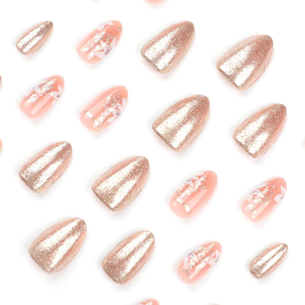 Press on Nails Medium - Almond Fake Nails with Flower Design - Gold Glitter Full Cover Stick on False Nails - for Women 24 Pcs