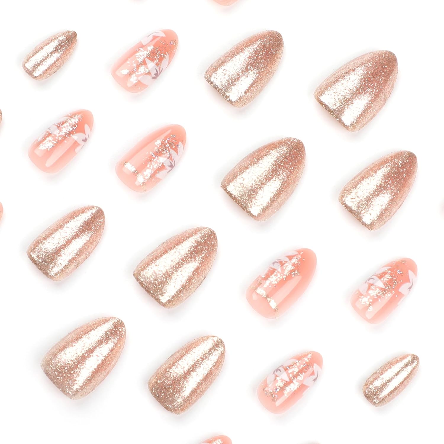 Press on Nails Medium - Almond Fake Nails with Flower Design - Gold Glitter Full Cover Stick on False Nails - for Women 24 Pcs