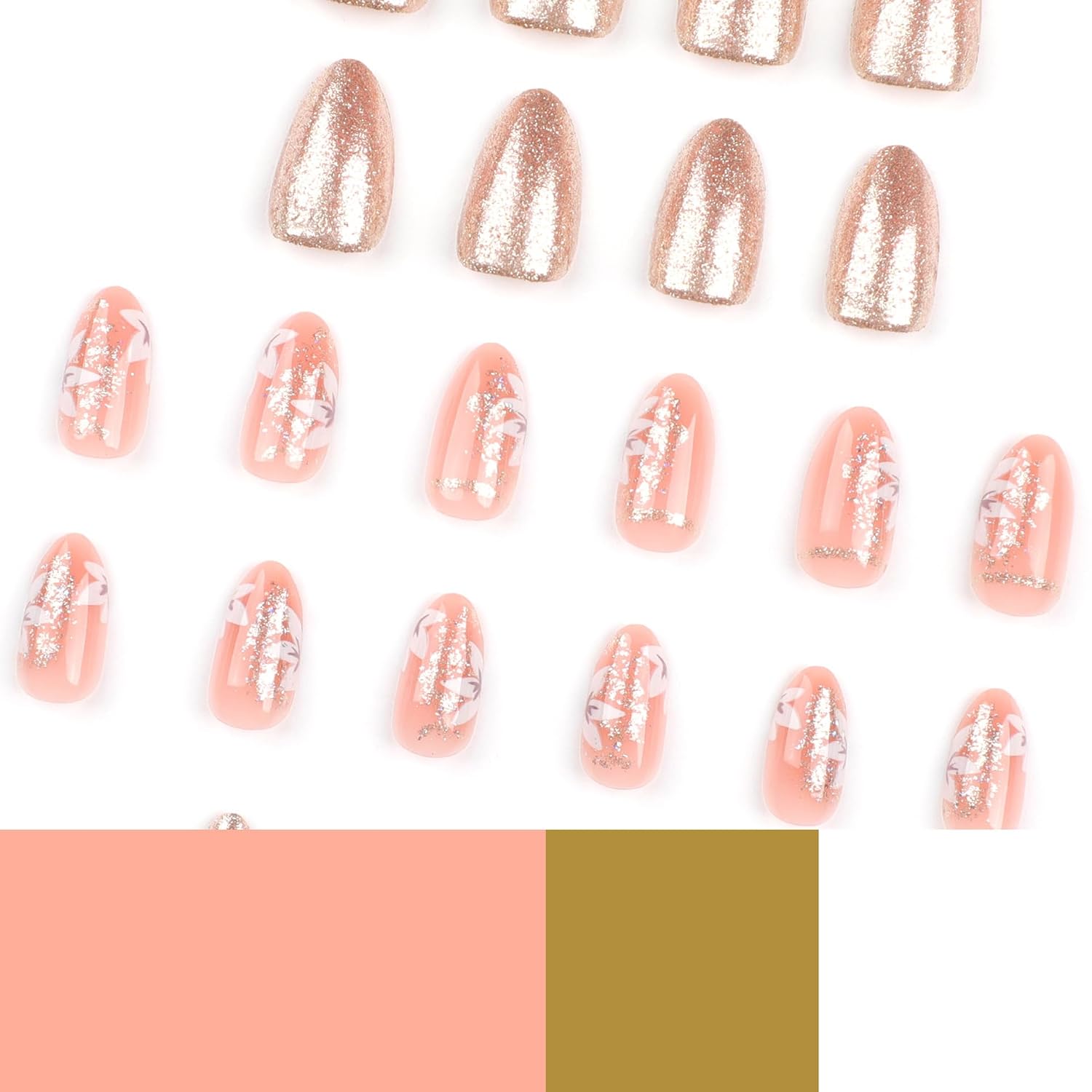 Press on Nails Medium - Almond Fake Nails with Flower Design - Gold Glitter Full Cover Stick on False Nails - for Women 24 Pcs