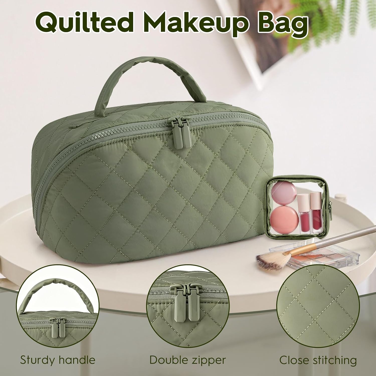 Makeup Bag, Quilted Makeup Bag, Cosmetic Organizer Bag, Travel Makeup Bag, Waterproof Pouch Toiletry Bag for Women Makeup Organizer Case (Green)