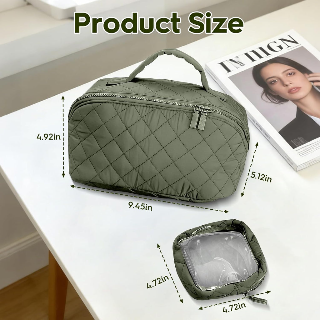 Makeup Bag, Quilted Makeup Bag, Cosmetic Organizer Bag, Travel Makeup Bag, Waterproof Pouch Toiletry Bag for Women Makeup Organizer Case (Green)