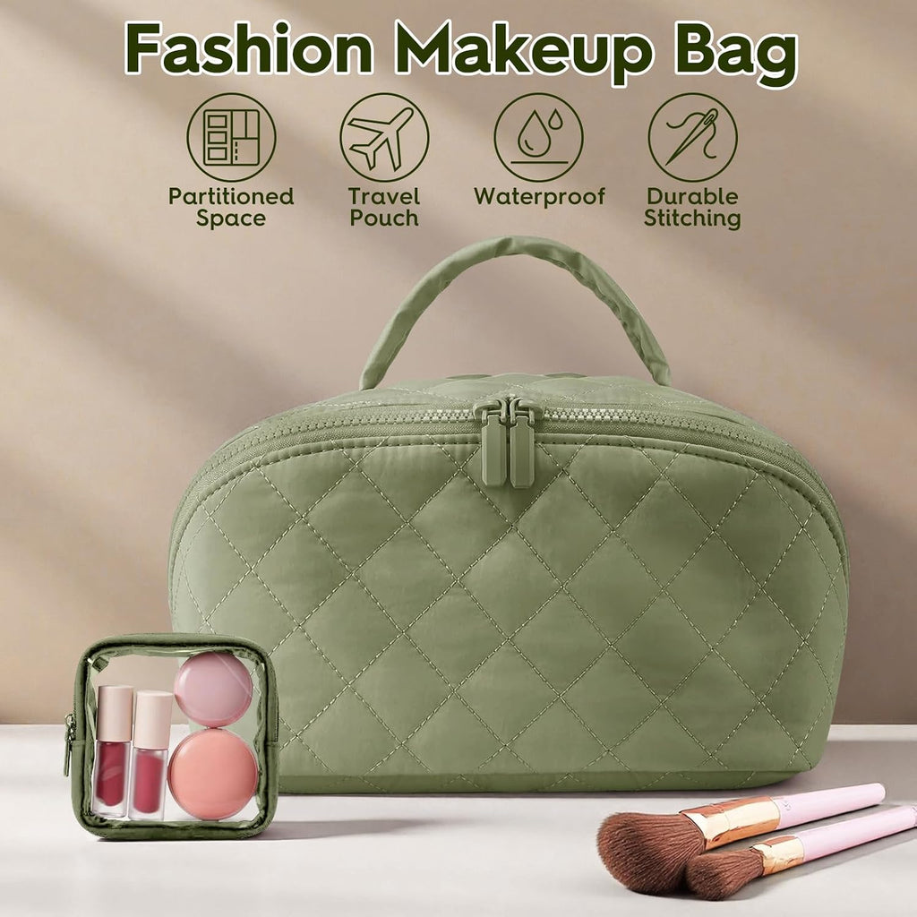 Makeup Bag, Quilted Makeup Bag, Cosmetic Organizer Bag, Travel Makeup Bag, Waterproof Pouch Toiletry Bag for Women Makeup Organizer Case (Green)