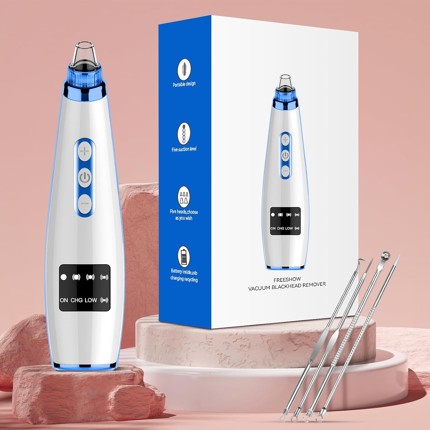 Blackhead Remover Pore Vacuum, Blackhead Vacuum, Facial Pore Cleaner with 5 Adjustable Suction Levels, 5 Probes, USB Rechargeable Pore Cleaner,