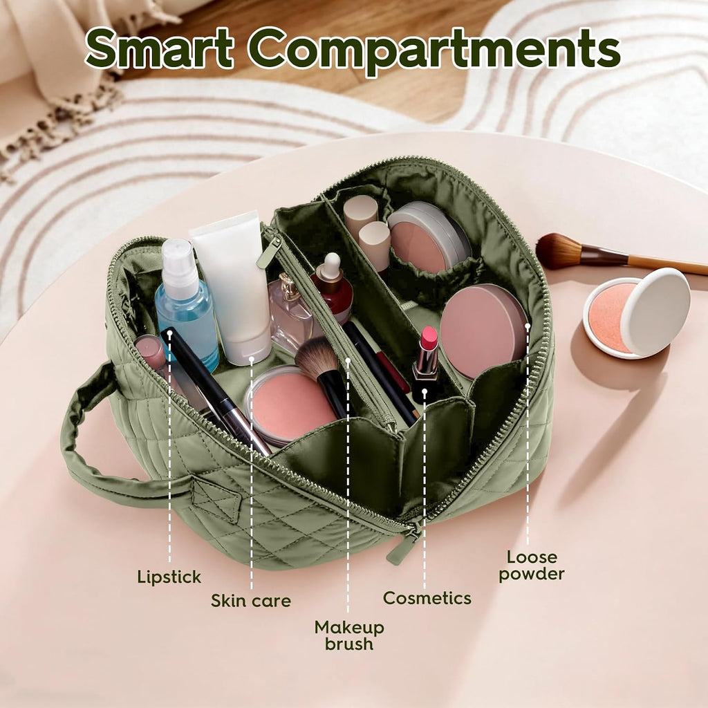 Makeup Bag, Quilted Makeup Bag, Cosmetic Organizer Bag, Travel Makeup Bag, Waterproof Pouch Toiletry Bag for Women Makeup Organizer Case (Green)