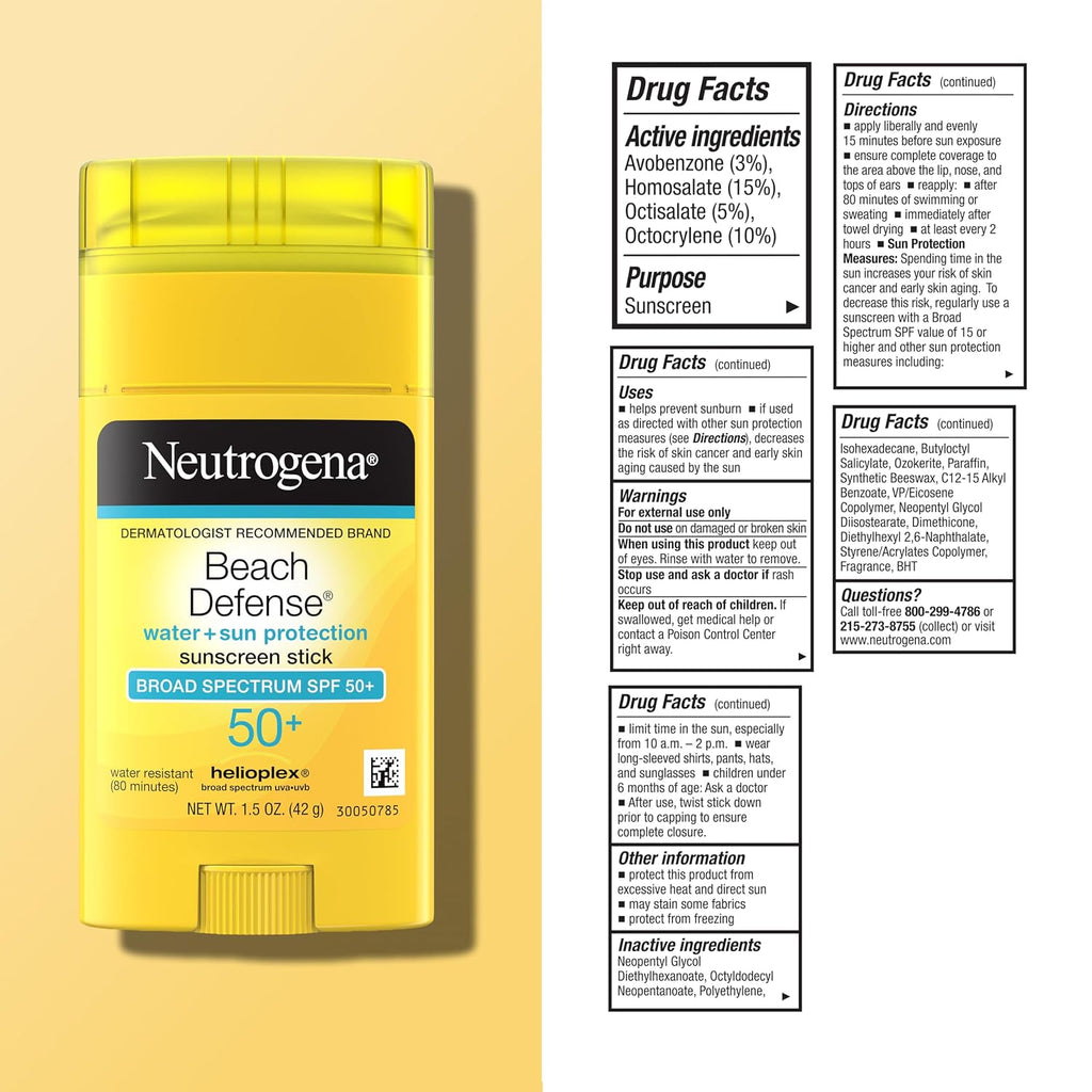 Neutrogena Beach Defense Sunscreen Stick SPF 50 Broad Spectrum UVA UVB Protection Lightweight Water Resistant up to 80 Minutes No-Mess Beach-Strength Sun Protection for Whole Family, 1.5 Oz