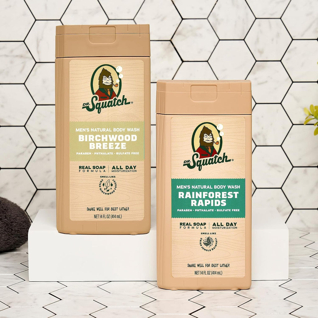 Natural Men'S Body Wash Shower Gel - Cleansing, Nourishing, Long Lasting Scent, Moisturizing Body Wash for Men - Birchwood Breeze + Rainforest Rapids (14 Oz, 2-Pack)