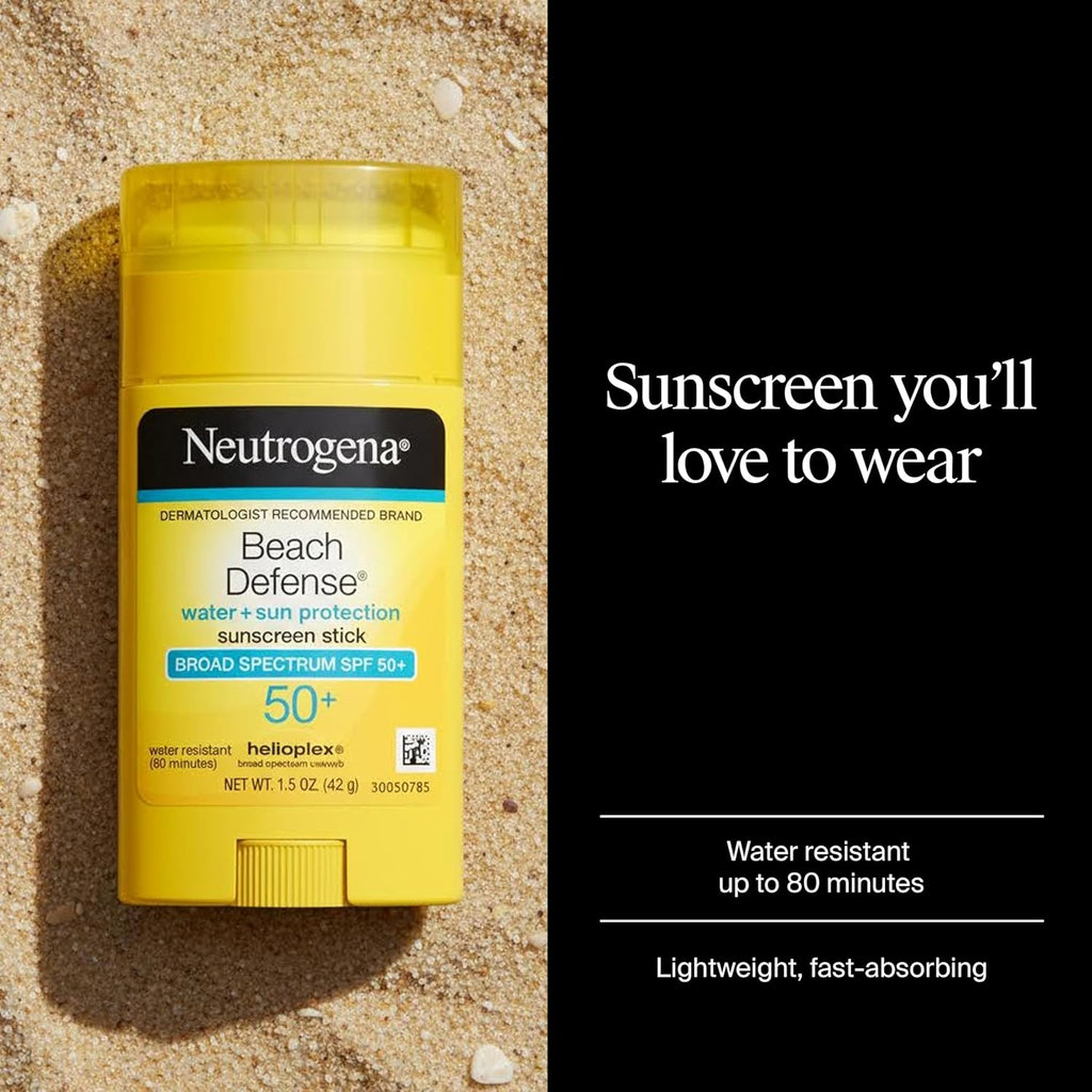Neutrogena Beach Defense Sunscreen Stick SPF 50 Broad Spectrum UVA UVB Protection Lightweight Water Resistant up to 80 Minutes No-Mess Beach-Strength Sun Protection for Whole Family, 1.5 Oz