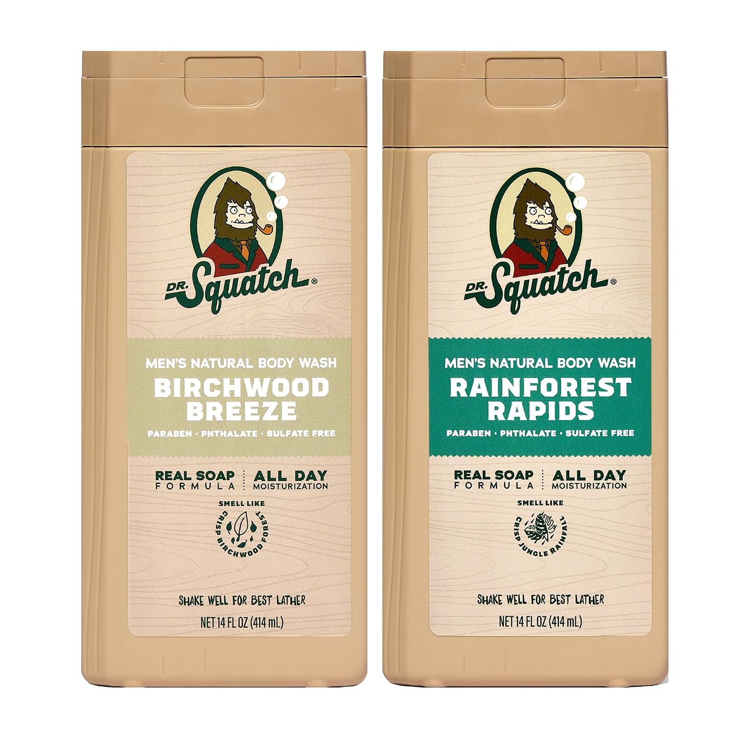 Natural Men'S Body Wash Shower Gel - Cleansing, Nourishing, Long Lasting Scent, Moisturizing Body Wash for Men - Birchwood Breeze + Rainforest Rapids (14 Oz, 2-Pack)