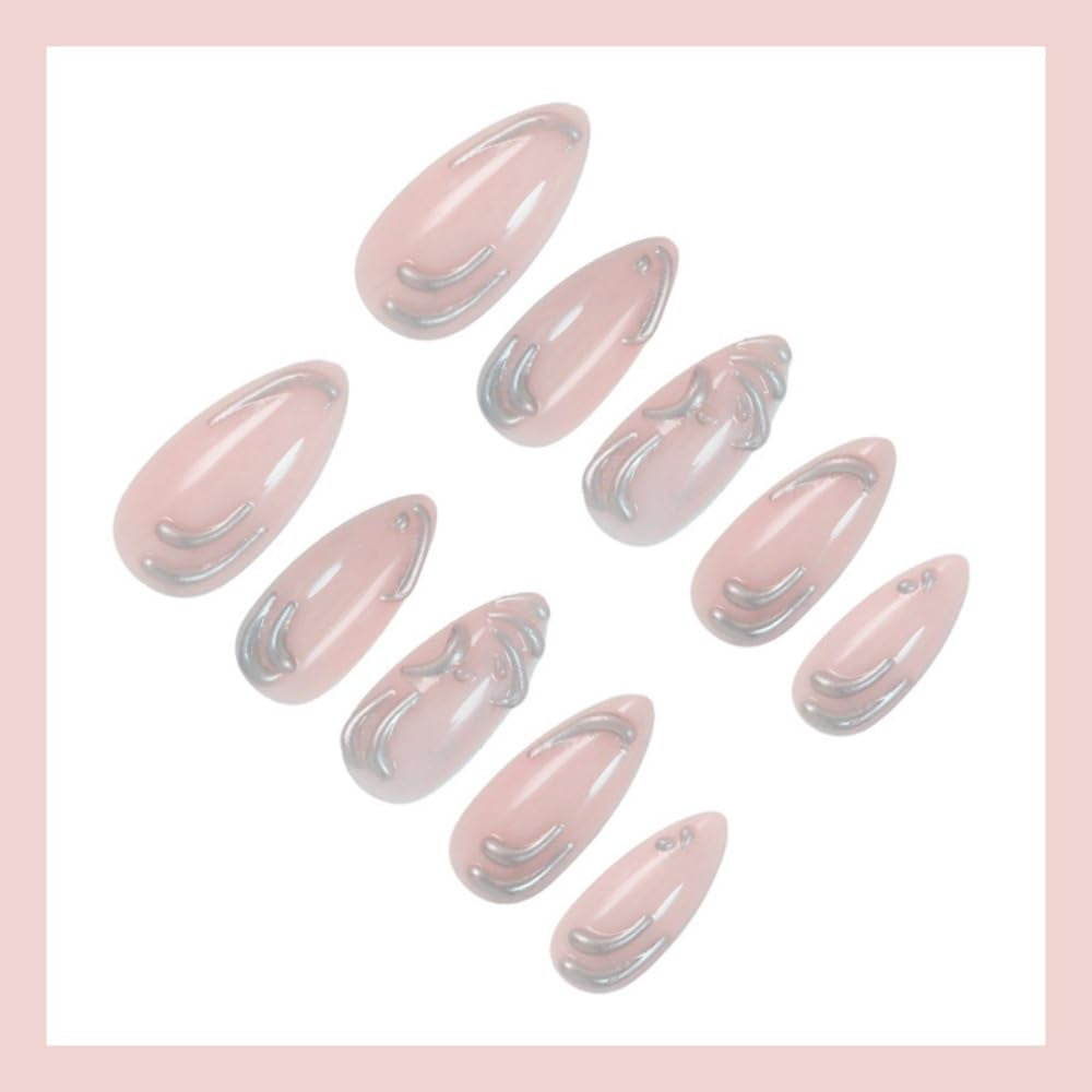 Almond Press on Nails Medium Fake Nails with 5D Metal Lines Charm Design Glossy Pink Nails Press on Curve Glue on Nails Reusable Luxury Silver Beads Acrylic Nail for Women 24Pcs
