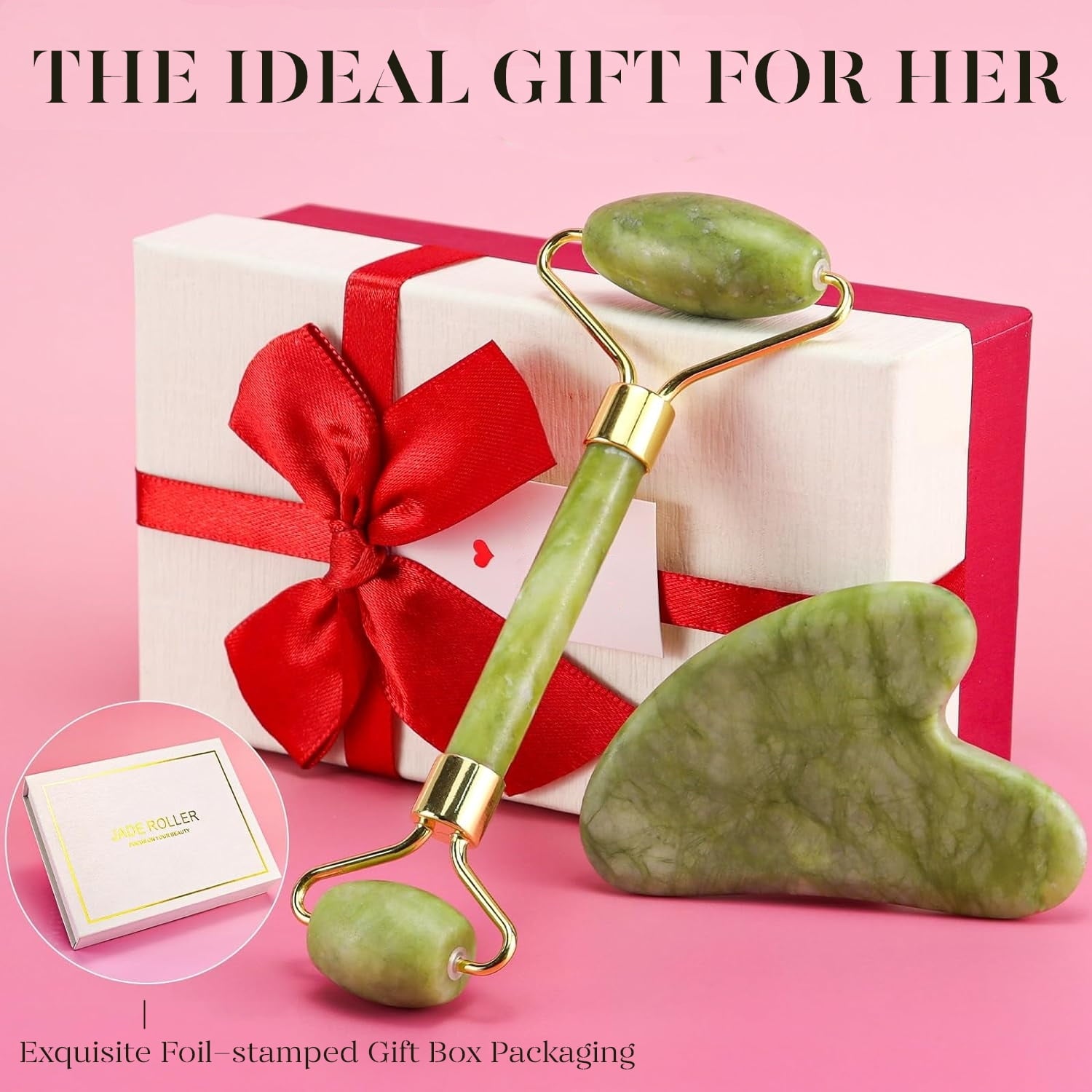 Jade Roller & Gua Sha, Natural Jade Face Roller Gua Sha Tool Facial Skin Care Supplies, Green