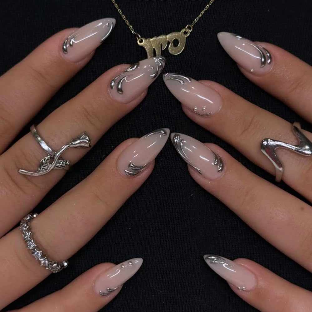 Almond Press on Nails Medium Fake Nails with 5D Metal Lines Charm Design Glossy Pink Nails Press on Curve Glue on Nails Reusable Luxury Silver Beads Acrylic Nail for Women 24Pcs