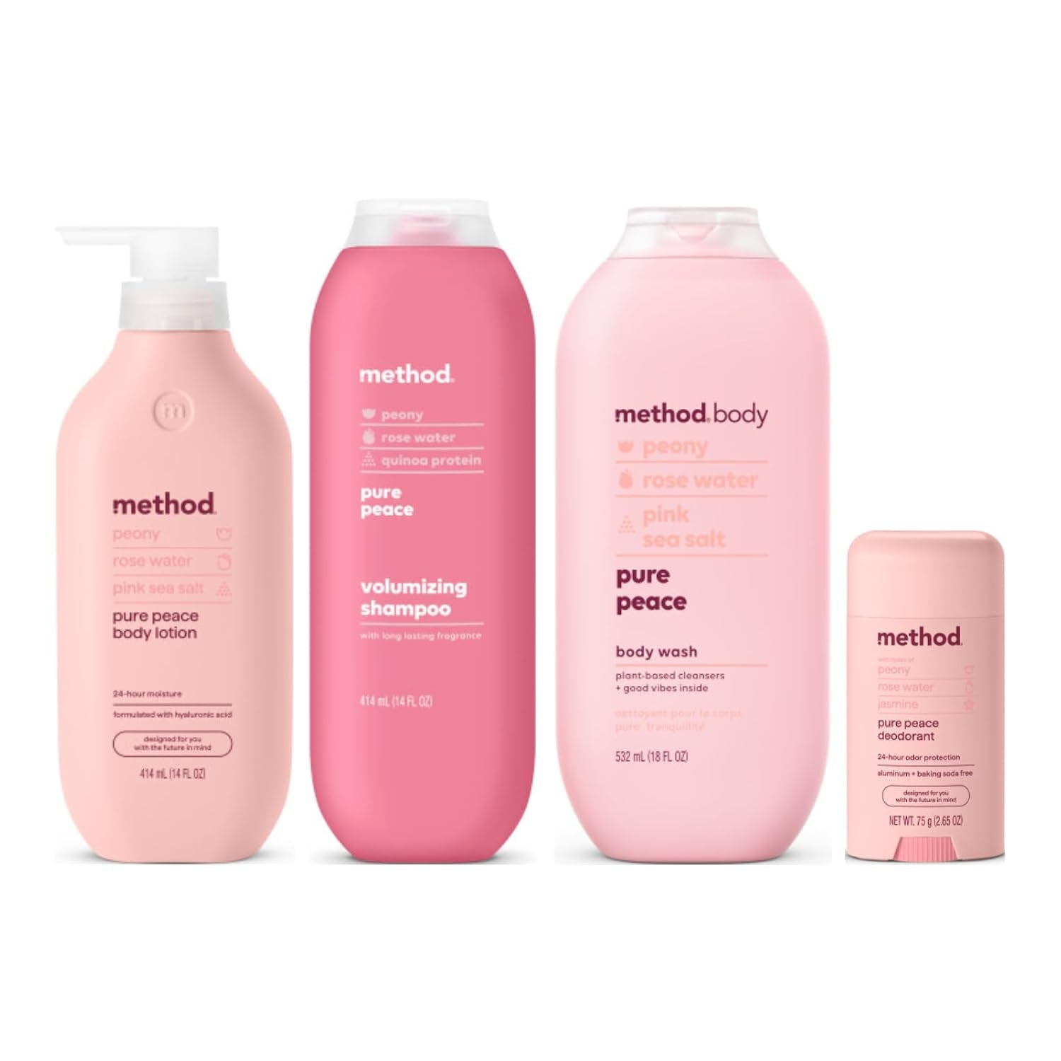 Method Pure Peace, Body Lotion 14 Fl Oz, Body Wash 18 Fl Oz, Deodorant 2.65 Oz, Volumizing Shampoo 14 Fl Oz (Variety Pack)