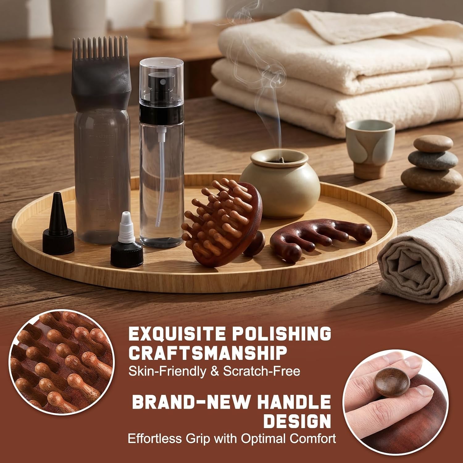 6 in 1 Set Wooden Head Scalp Massager Comb Tool Hair Gua Sha Comb with 6 OZ Hair Oil Applicator Bottle Spray Bottle for Relaxation